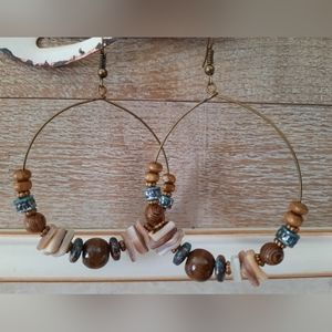 Boho Bronze Metal Circle Beaded Turquoise Earrings